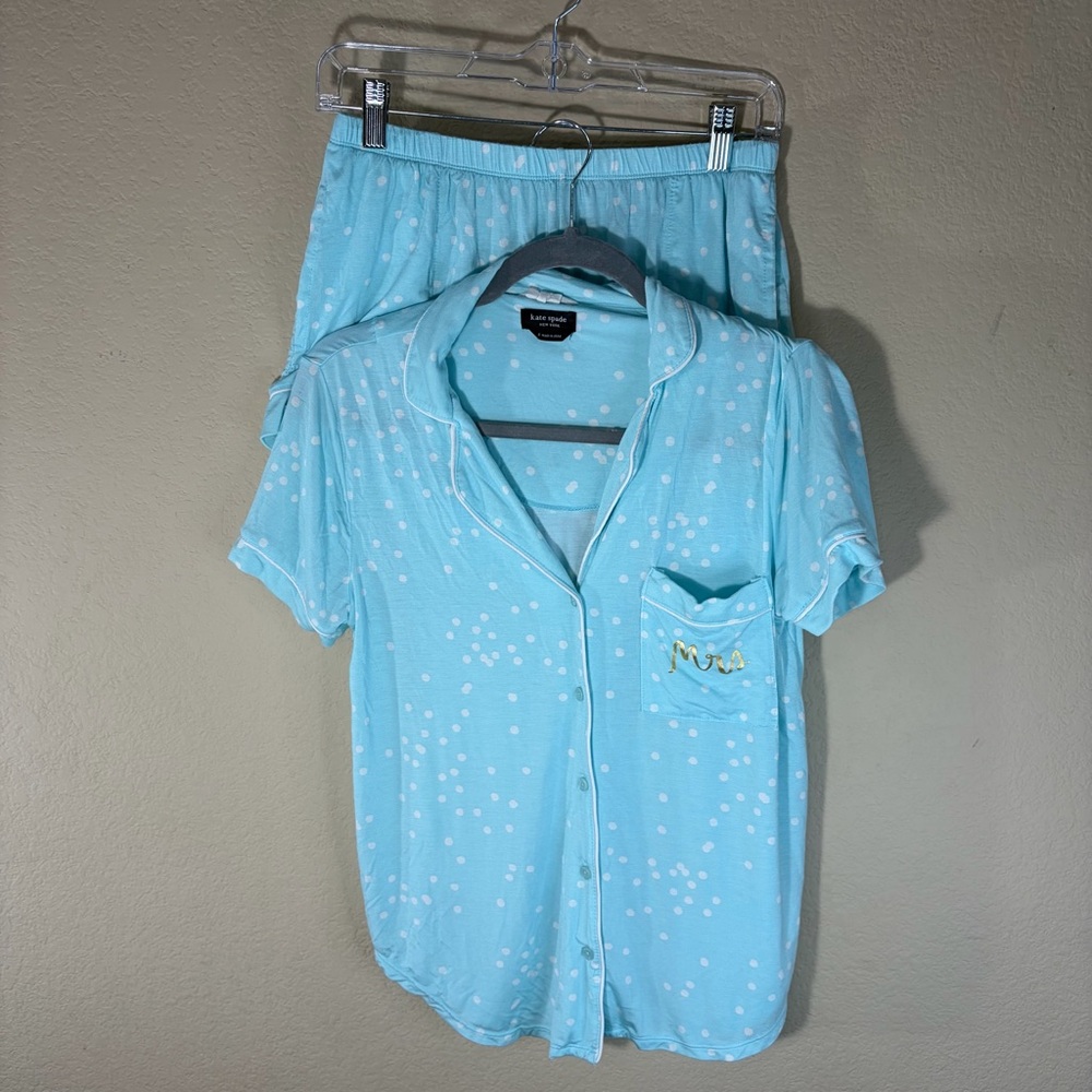 Kate Spade Womens MRS Bride Blue Polka Dot Pajamas Set Sz S Shirt &Short Comfy - Picture 2 of 7